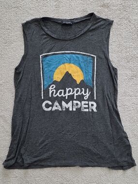 Happy Camper Womens Graphic Jersey Workout Tank  Charcoal Blue & Yellow Print